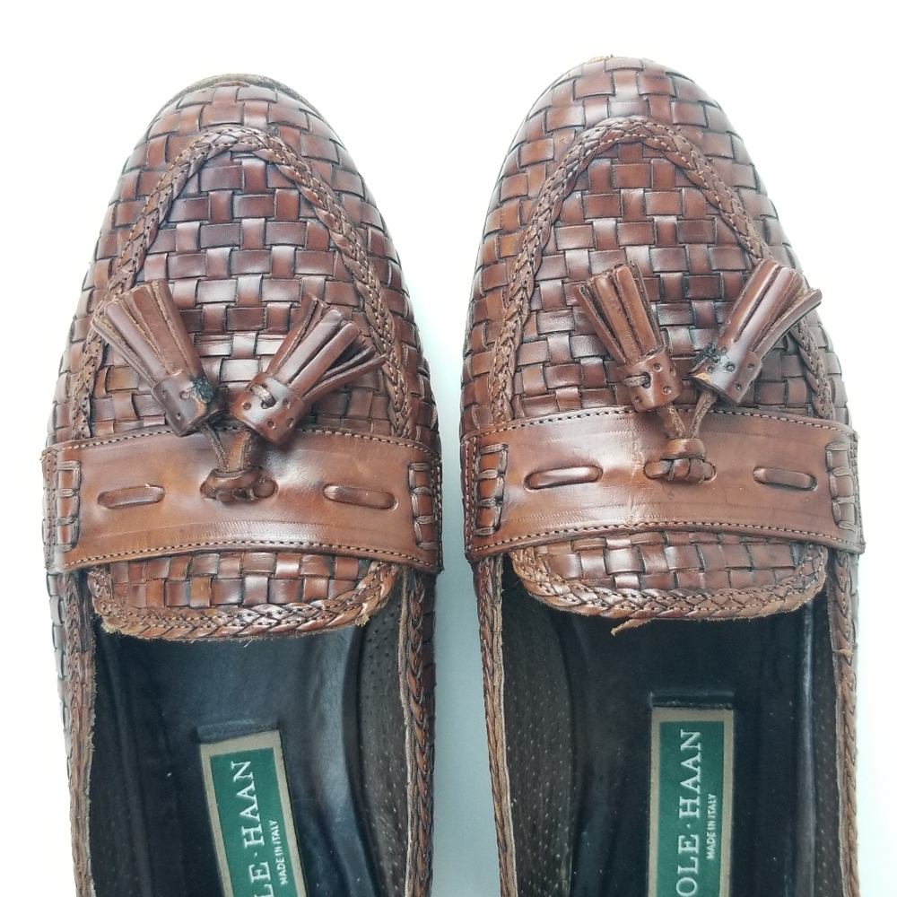 Cole Haan Basket Weave Woven Kiltie Tassel Leather Flat Loafers Brown Italy 8 B - Picture 5 of 15